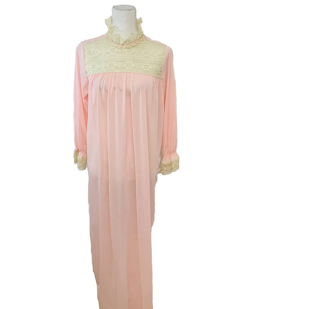 Vintage Nylon Nightgown Small Pink Long Lace High Neck Ruffle‎ Sleeve Modest